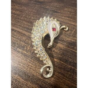 1960s Aurora Borealis Rhinestone Seahorse White Enamel Gold Tone Metal